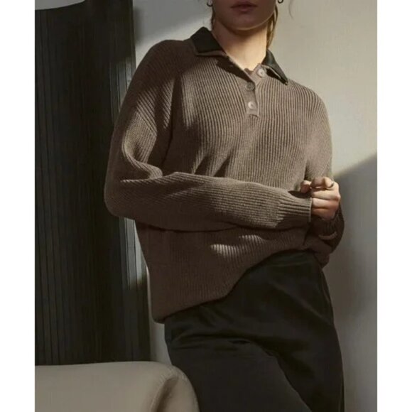 💕LUNYA💕 Cozy Cotton Silk Polo Pullover Sweater ~ Botanical Brown Heather M NWT - Picture 5 of 16